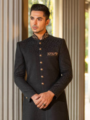 Royal Karandi Jamawar Black Resham Pakistani Groom Sherwani