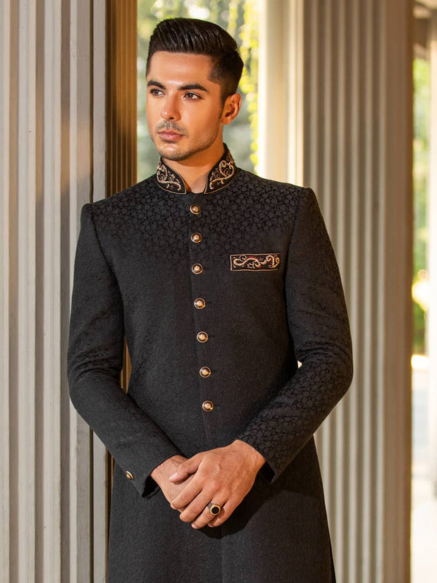 Royal Karandi Jamawar Black Resham Pakistani Groom Sherwani