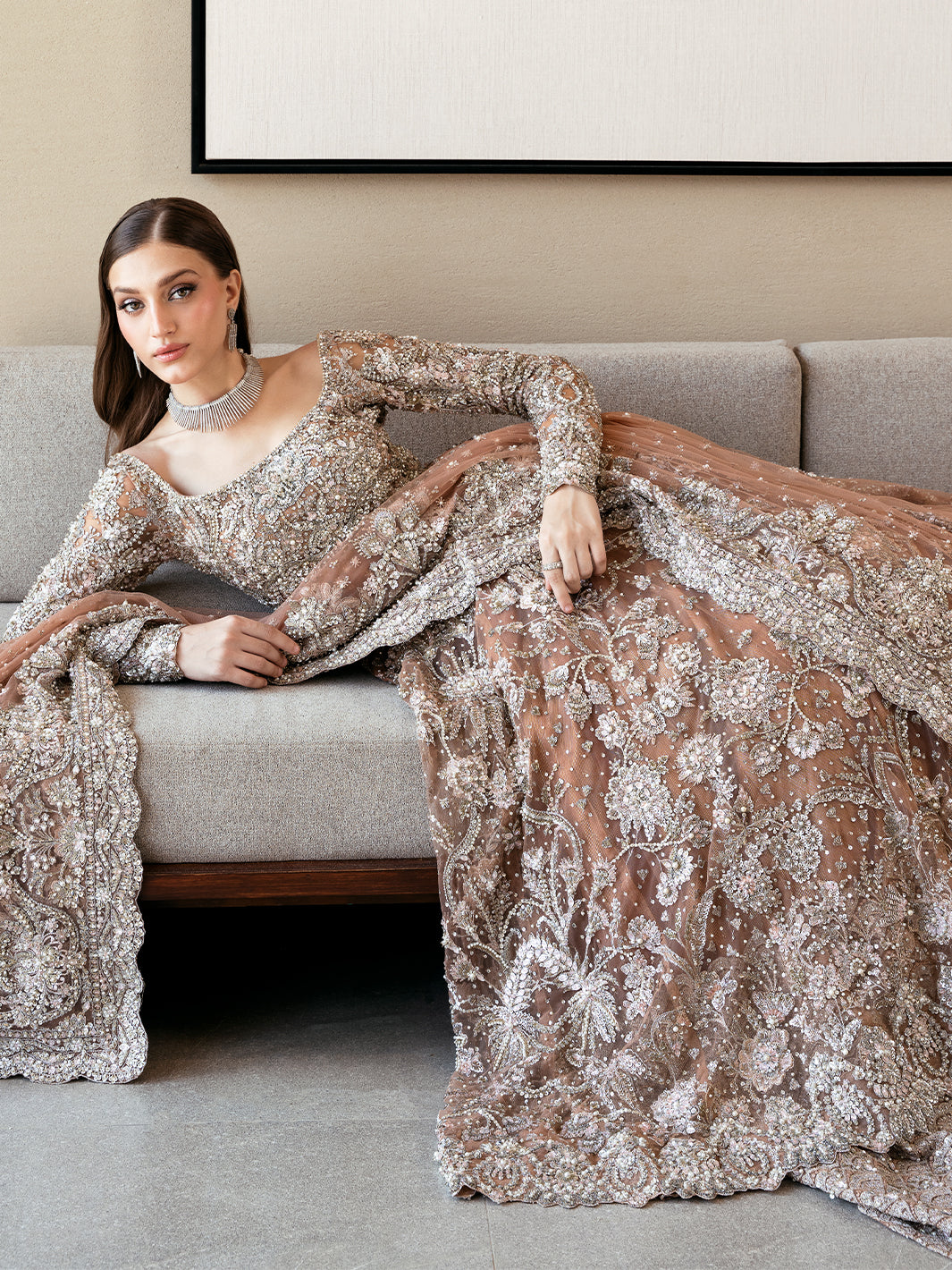 Elegant Ash Brown Pakistani Bridal Pishwas & Lehenga Set
