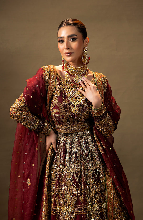 Royal Maroon Pakistani Bridal Dress in Choli Lehenga Style