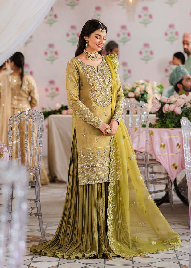 Royal Mehndi Green Embroidered Pakistani Sharara Kameez in Crushed Style