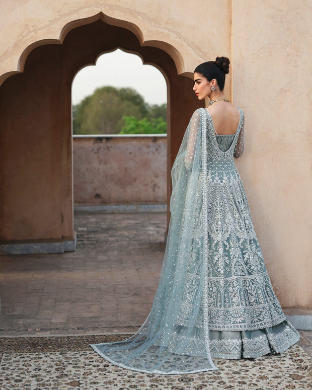 Royal Mint Blue Pishwas Lehenga Style Pakistani Bridal Dress