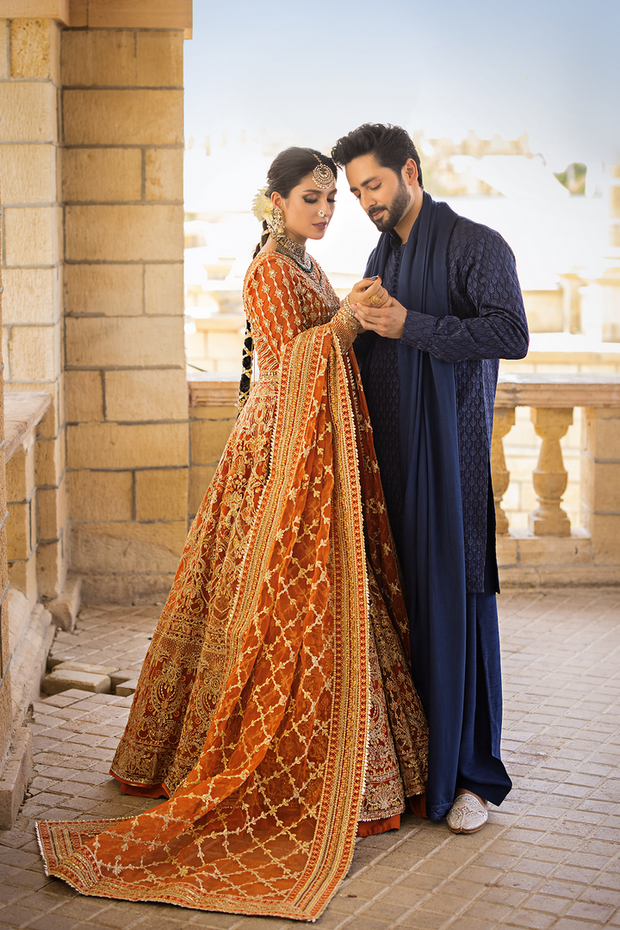 Royal Orange Lehenga Choli and Dupatta Pakistani Bridal Dress