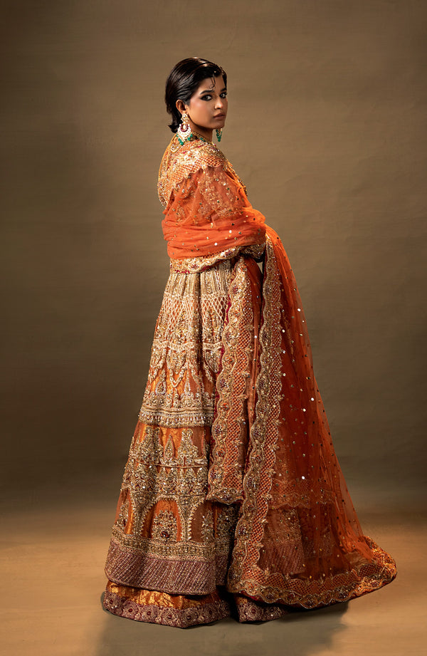 Royal Orange Pakistani Bridal Dress in Pishwas Lehenga Style
