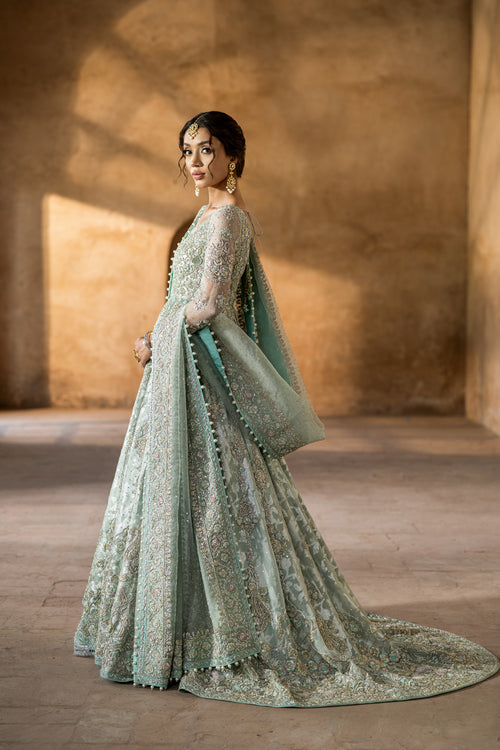 Royal Pakistani Bridal Dress in Blue Lehenga and Frock Style