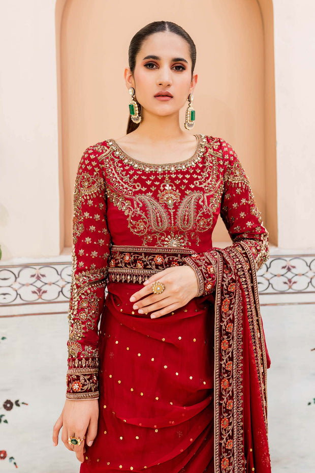 Royal Pakistani Bridal Dress in Deep Red Saree Style Online
