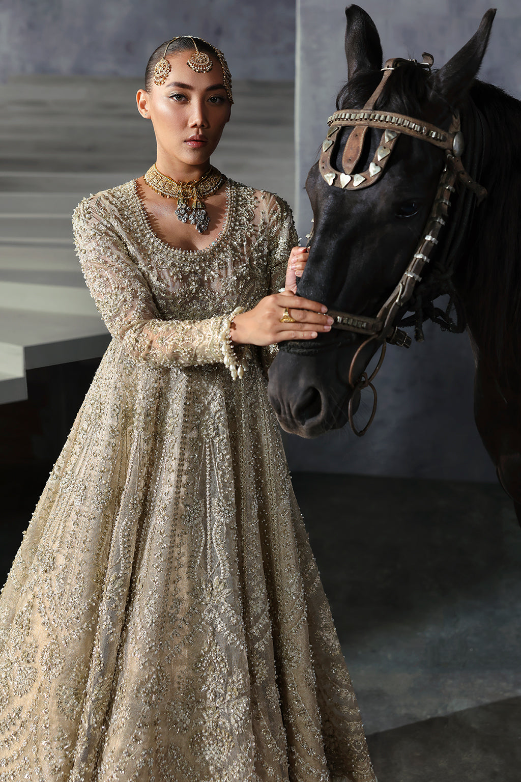Royal Pakistani Bridal Dress in Gold Frock and Lehenga Style