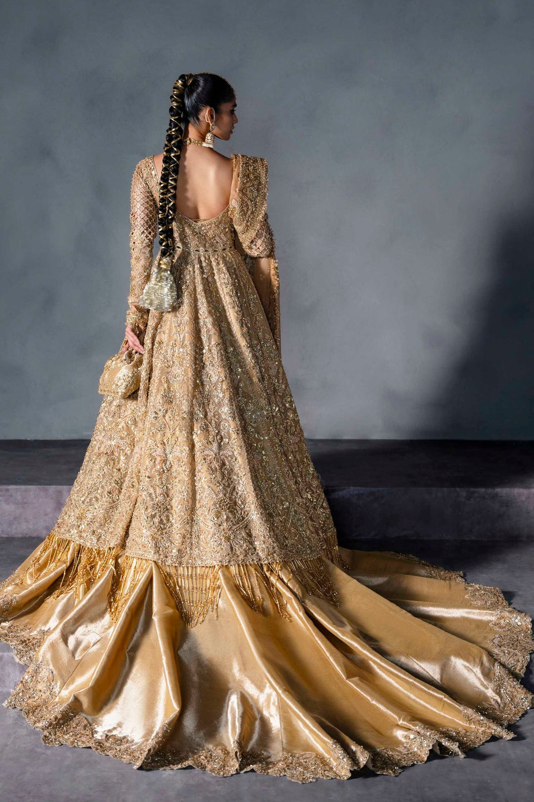 Royal Pakistani Bridal Dress in Gold Pishwas Lehenga Style