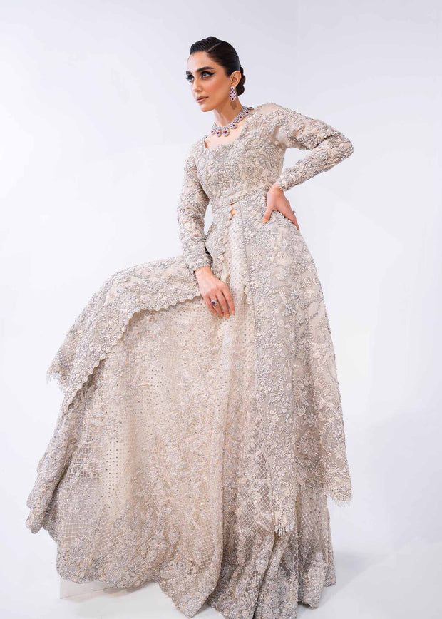 Royal Pakistani Bridal Dress in Gown Lehenga Dupatta Style