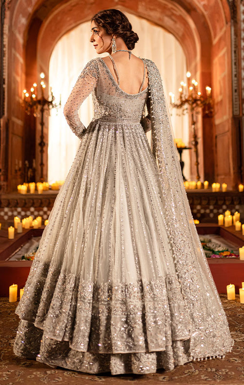 Royal Pakistani Bridal Dress in Grey Pishwas Lehenga Style