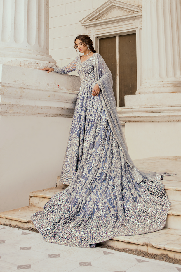 Royal Pakistani Bridal Dress in Ice Blue Pishwas Frock Style