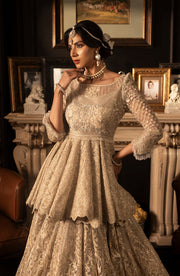 Royal Pakistani Bridal Dress in Ivory Peplum Lehenga Style