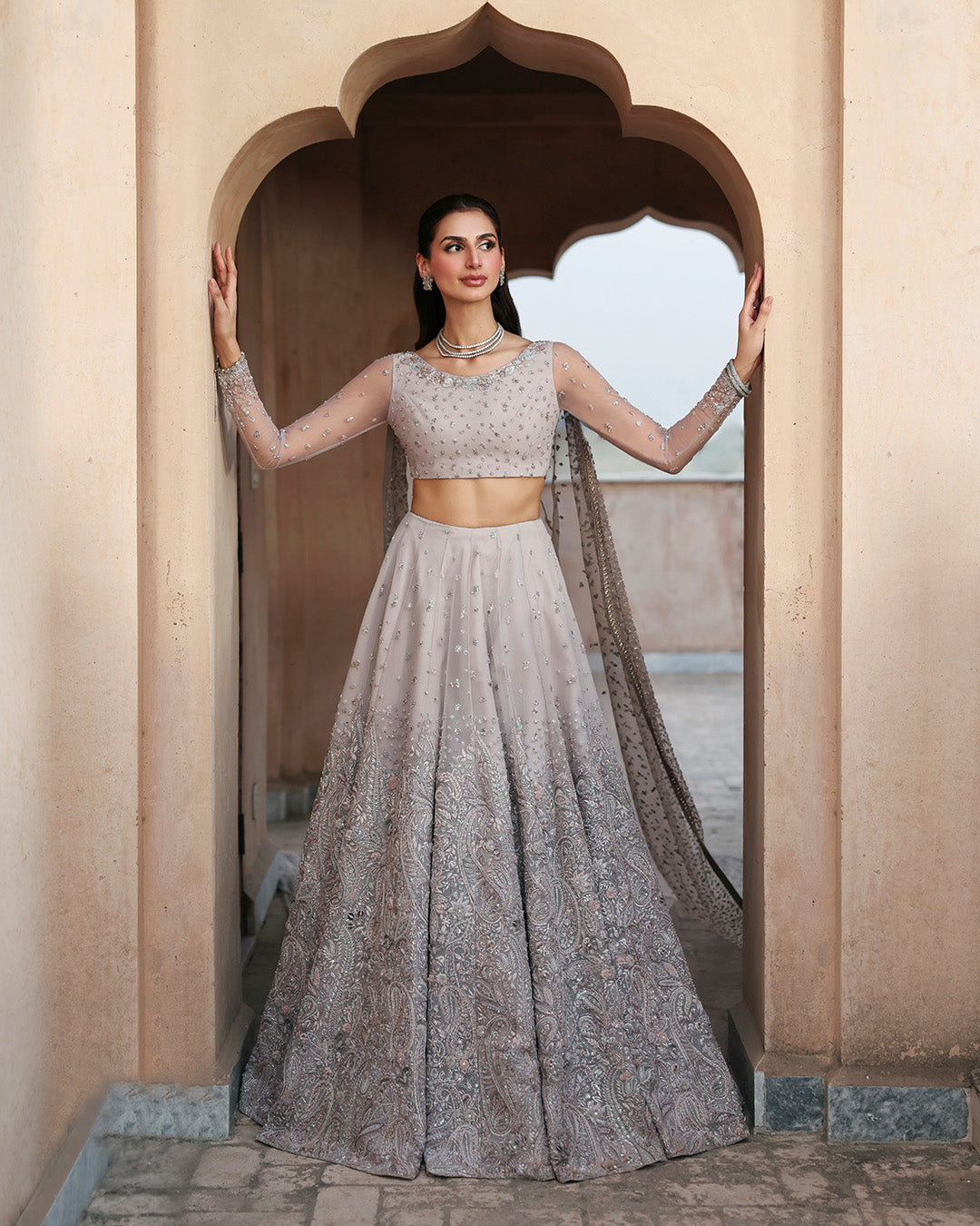 Royal Pakistani Bridal Dress in Lehenga Choli and Veil Style