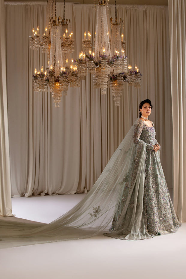 Royal Pakistani Bridal Dress in Mint Gown and Lehenga Style