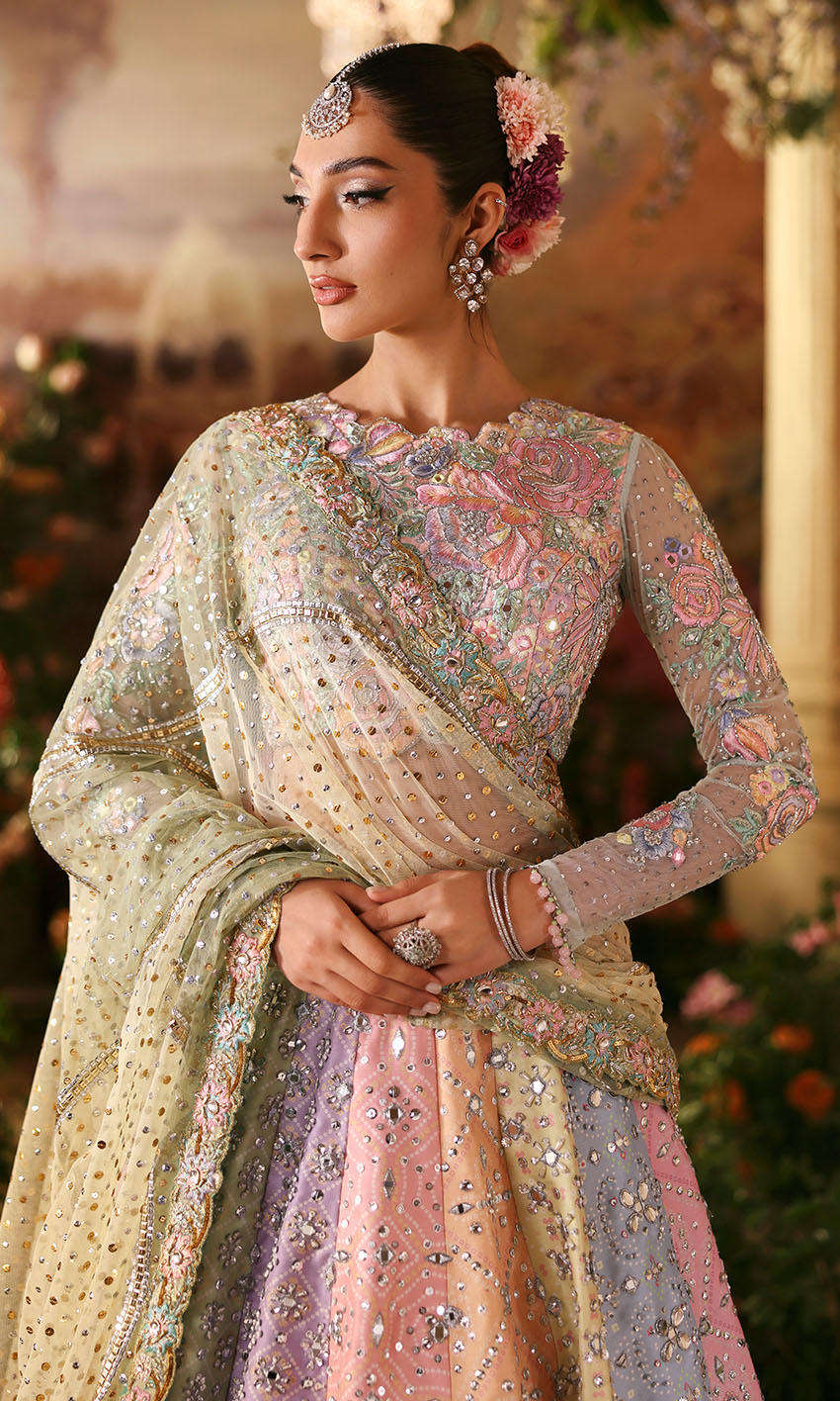 Royal Pakistani Bridal Dress in Multicolored Lehenga Style