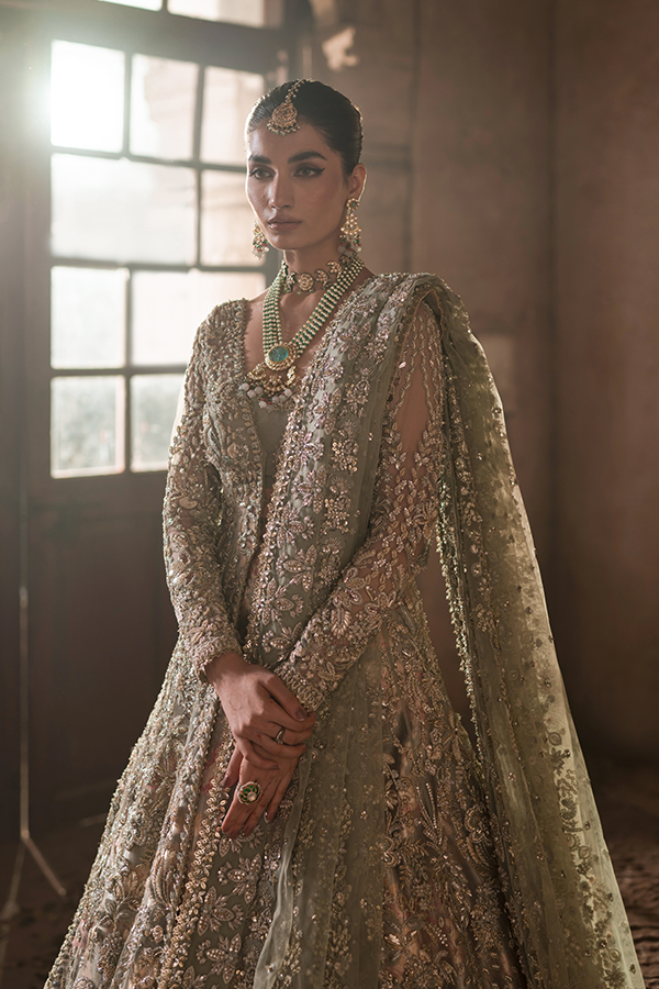 Royal Pakistani Bridal Dress in Net Gown and Lehenga Style