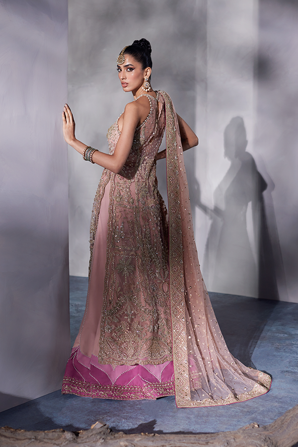 Royal Pakistani Bridal Dress in Net Kameez and Lehenga Style