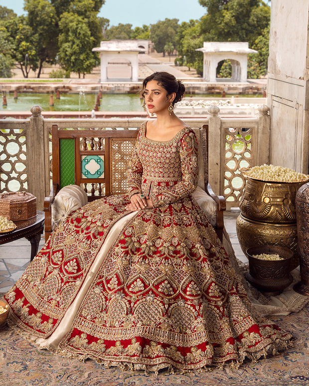 Royal Pakistani Bridal Dress in Open Gown and Lehenga Style