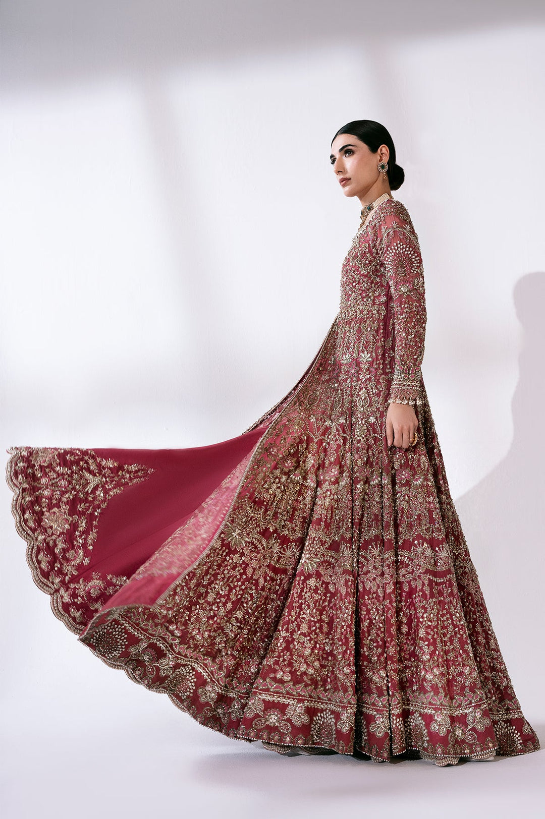 Royal Pakistani Bridal Dress in Open Gown and Lehenga Style