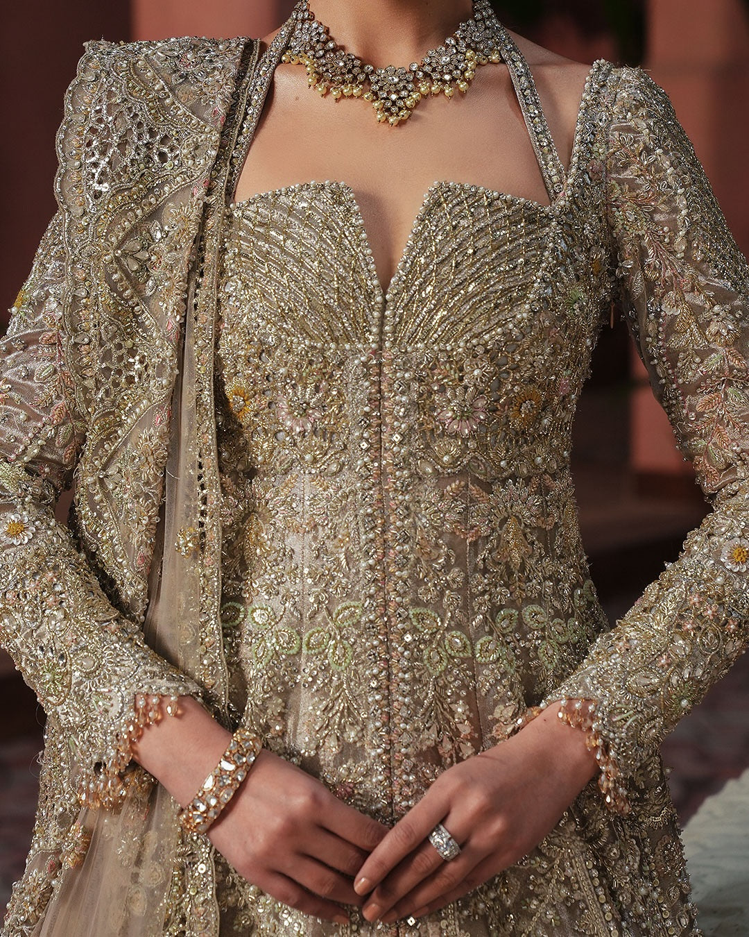 Royal Pakistani Bridal Dress in Open Gown and Lehenga Style