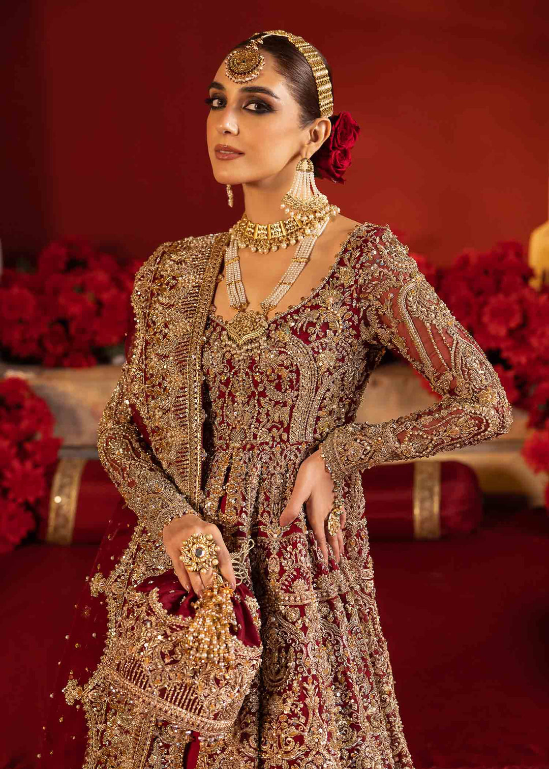 Royal Pakistani Bridal Dress in Open Pishwas Lehenga Style