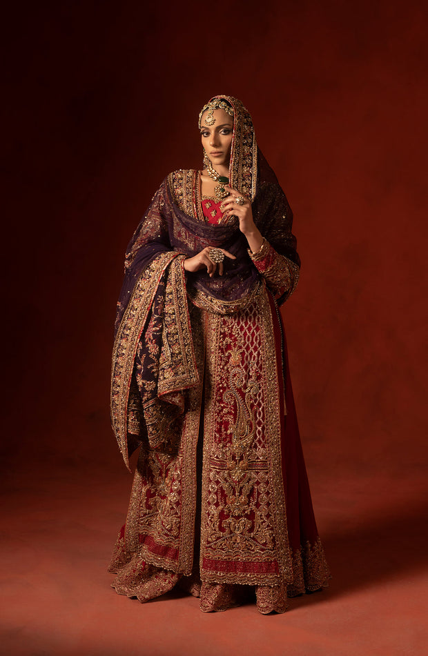 Royal Pakistani Bridal Dress in Open Shirt Sharara Style