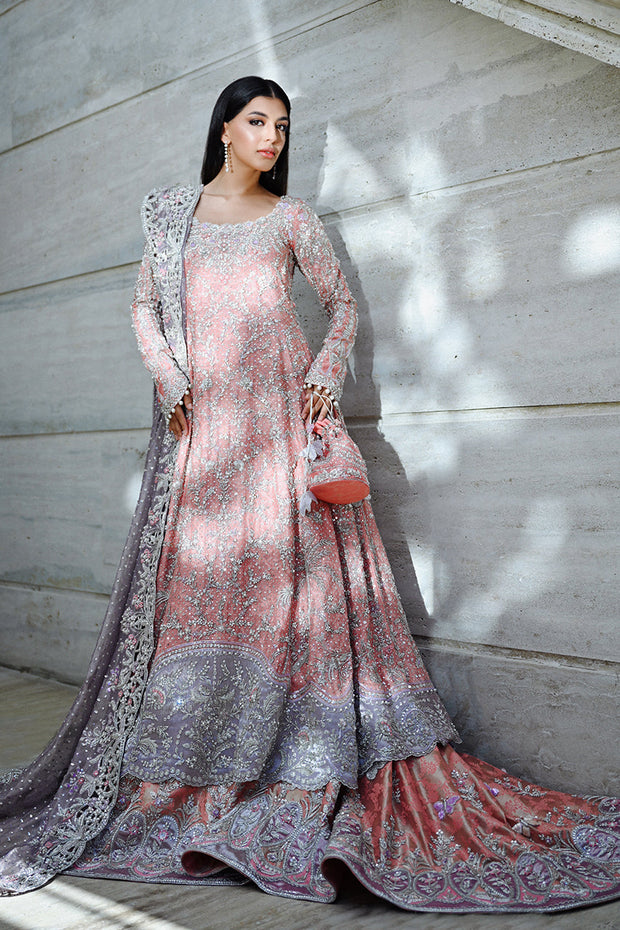 Royal Pakistani Bridal Dress in Peach Lehenga Pishwas Style