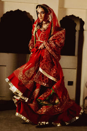 Royal Pakistani Bridal Dress in Pishwas and Red Lehenga Style