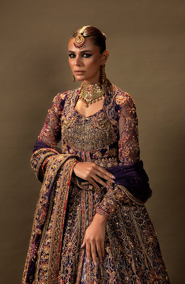 Royal Pakistani Bridal Dress in Purple Gown and Lehenga Style