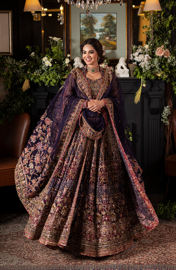 Royal Pakistani Bridal Dress in Purple Lehenga Gown Style