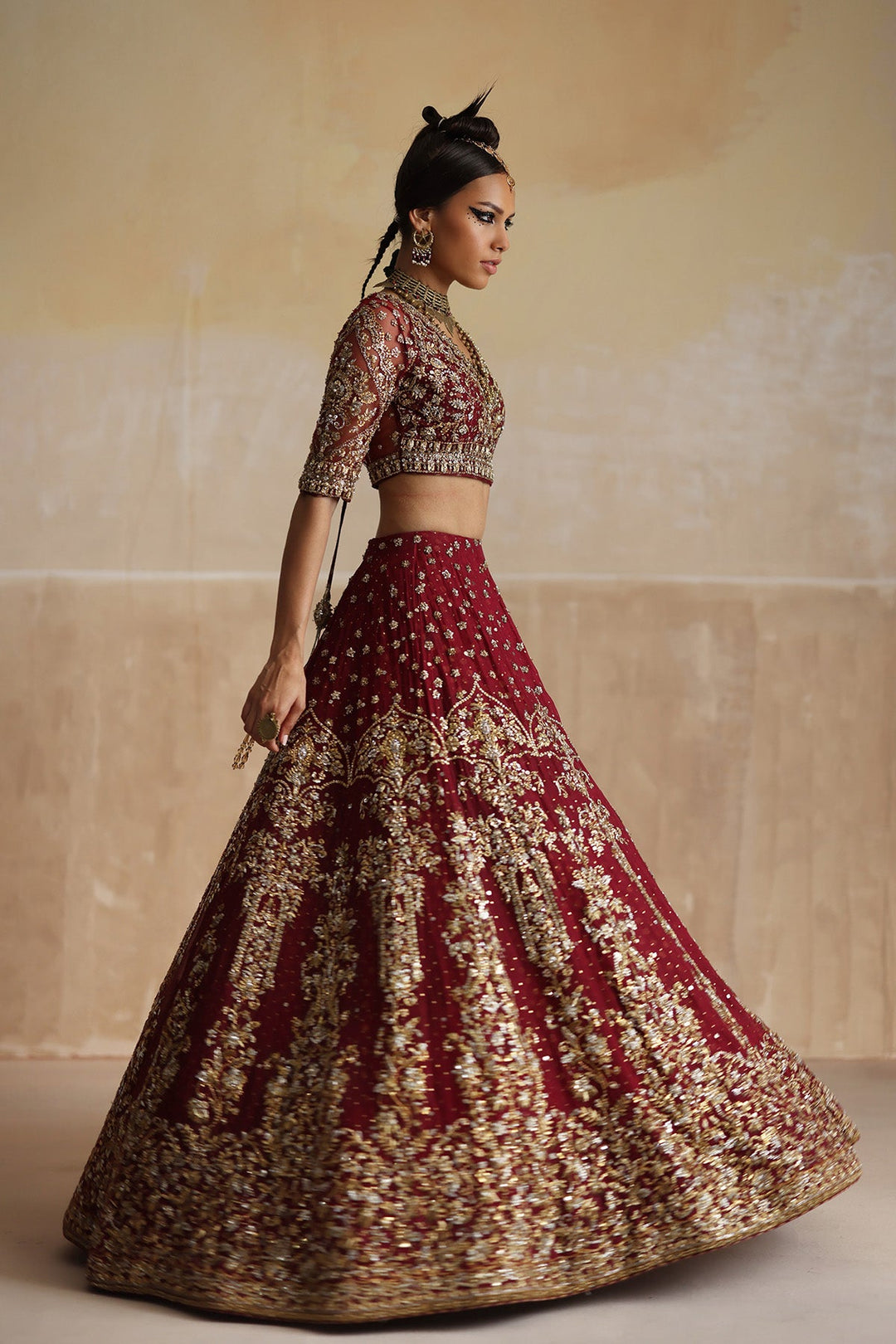 Royal Pakistani Bridal Dress in Red Choli and Lehenga Style
