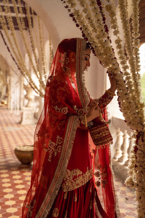 Royal Pakistani Bridal Dress in Red Gharara and Kameez Style