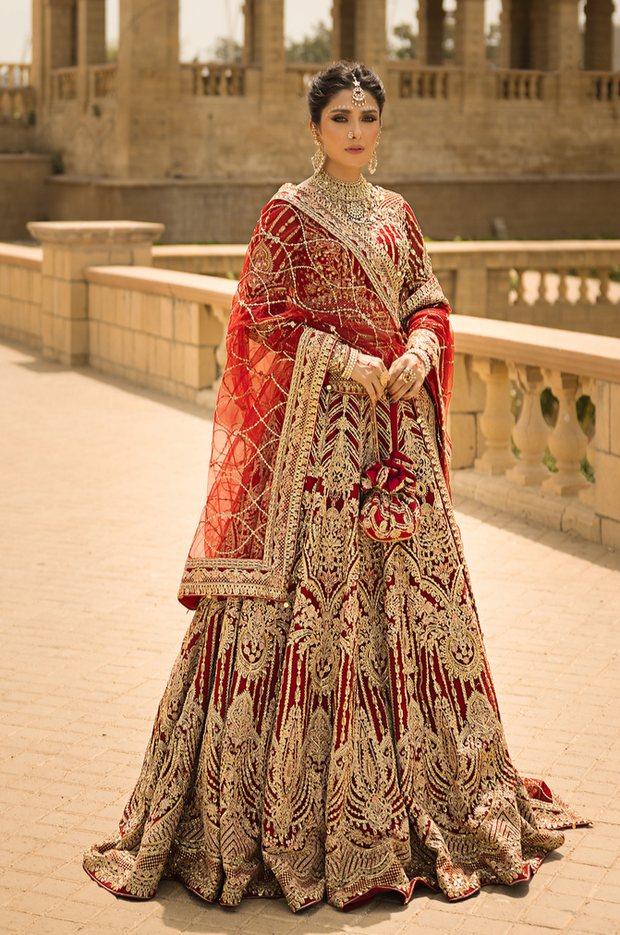 Royal Pakistani Bridal Dress in Red Lehenga Choli Style