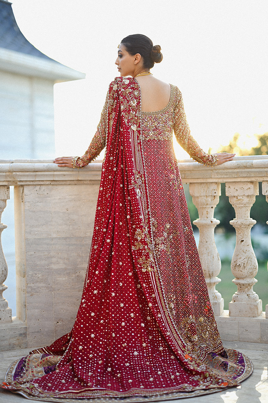 Exquisite Red Pakistani Bridal Lehenga in Pishwas Style