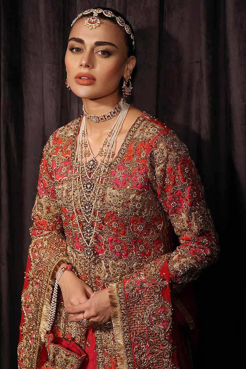 Royal Pakistani Bridal Dress in Red Lehenga and Shirt Style