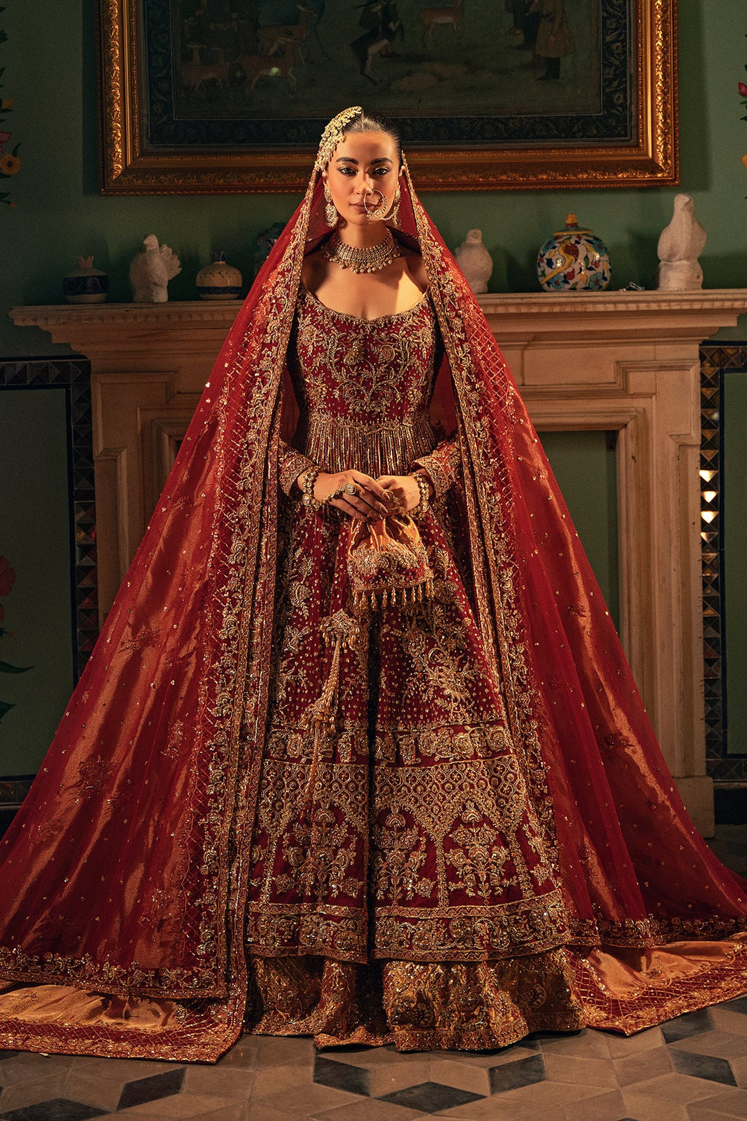 Royal Pakistani Bridal Dress in Red Pishwas Lehenga Style