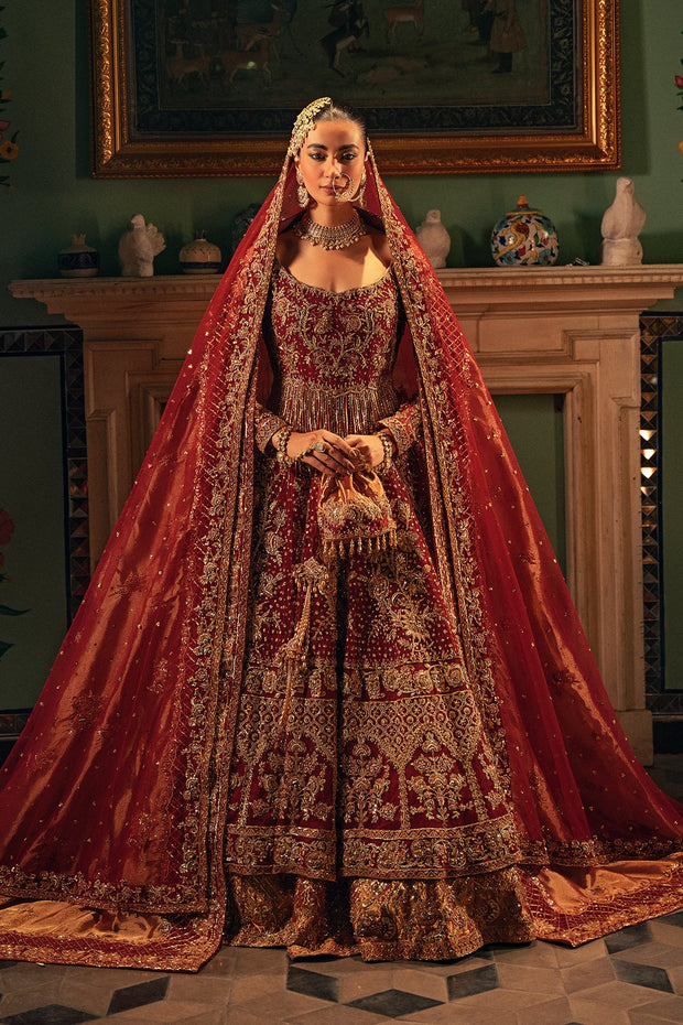 Royal Pakistani Bridal Dress in Red Pishwas Lehenga Style