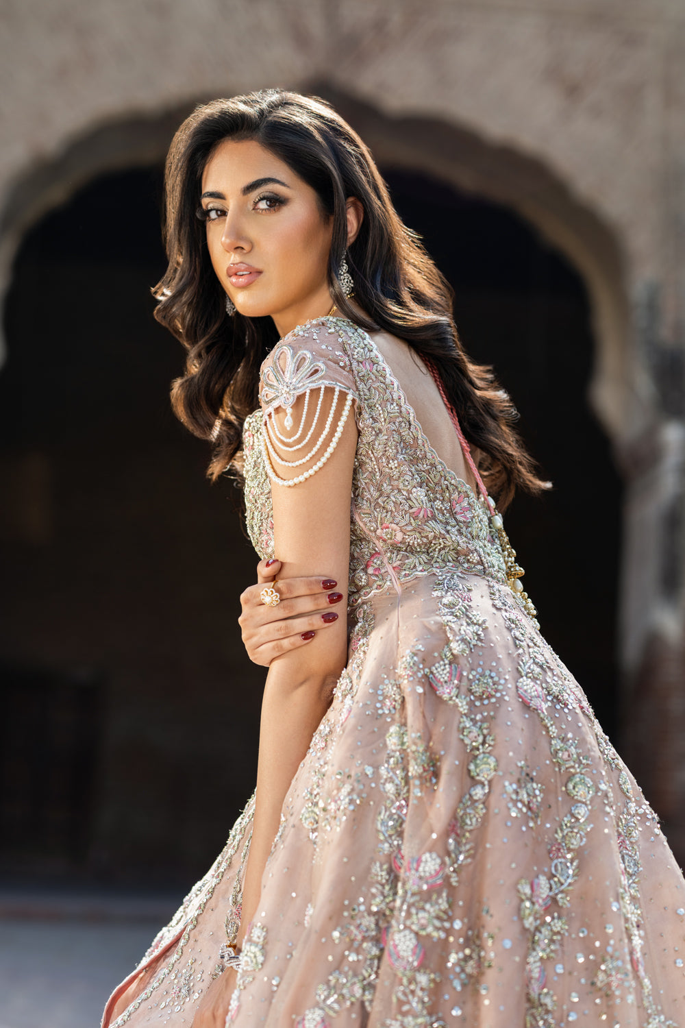 Elegant Pakistani Bridal Dress in Pink Gown & Lehenga Style