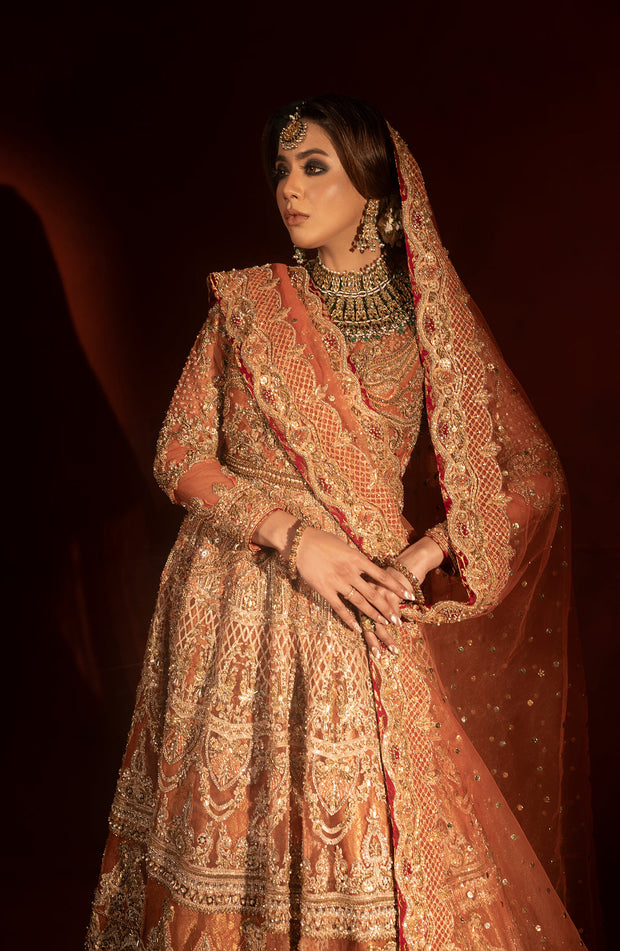 Royal Pakistani Bridal Dress in Rust Pishwas Lehenga Style