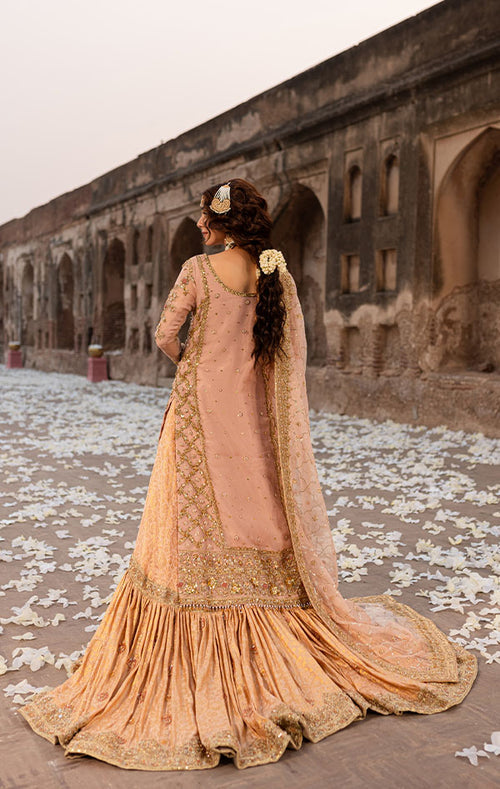 Royal Pakistani Bridal Dress in Tea Pink Gharara Shirt Style