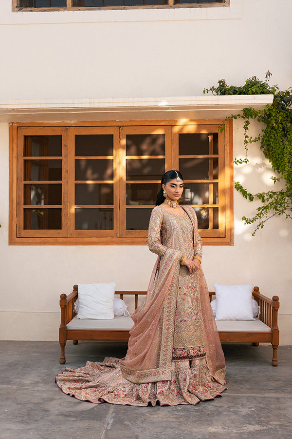 Royal Pakistani Bridal Dress in Tea Pink Lehenga Kameez Style