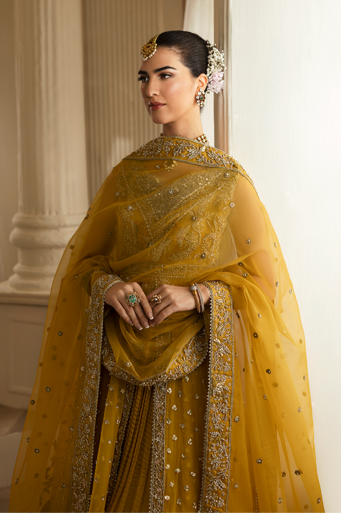 Royal Pakistani Bridal Mehndi Dress in Pishwas Sharara Style