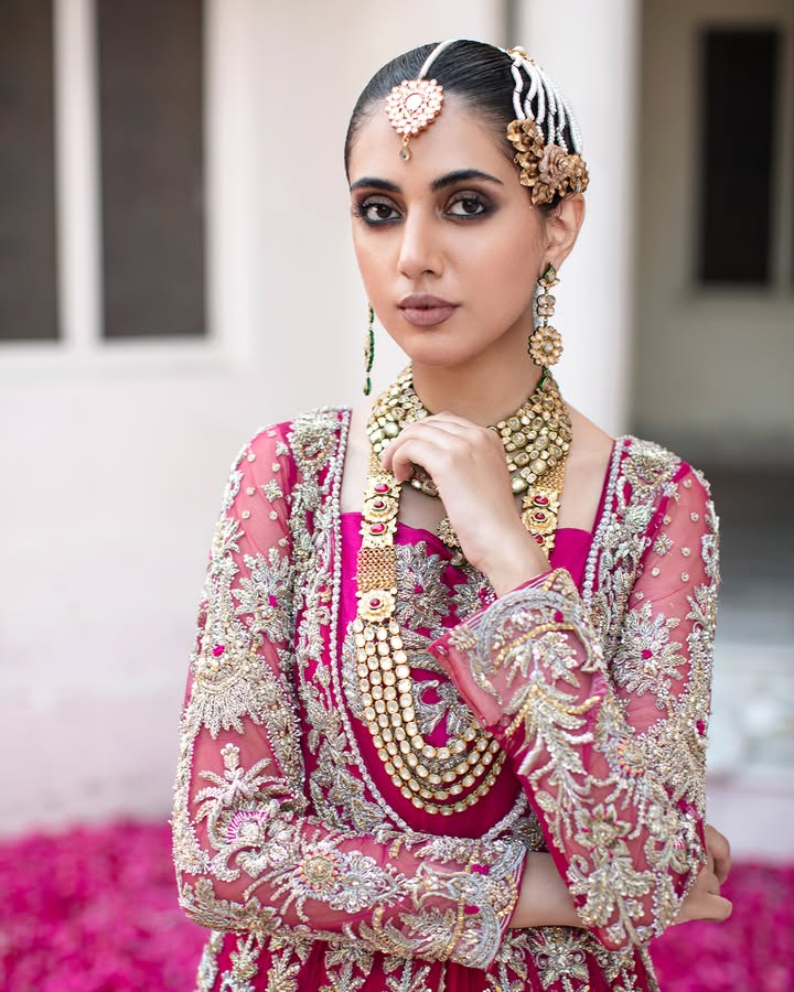 Royal Pakistani Bridal Outfit in Magenta Lehenga Gown Style