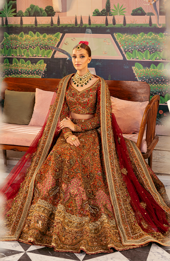 Royal Pakistani Bridal Outfit in Red Lehenga and Choli Style