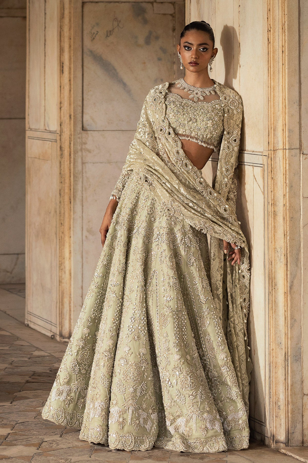 Elegant Pistachio Green Pakistani Bridal Lehenga