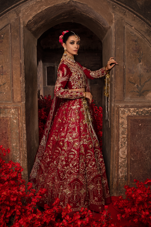 Royal Pakistani Bridal Red Dress in Choli and Lehenga Style