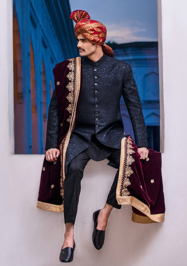Royal Pakistani Groom Dress in Black Sherwani Style Online