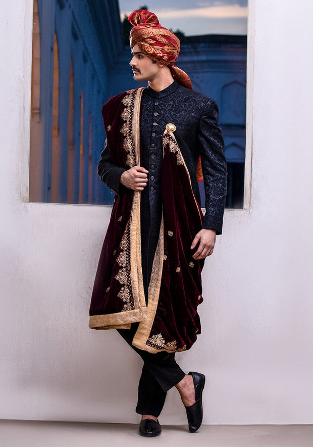 Royal Pakistani Groom Dress in Black Sherwani Style