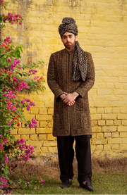 Pakistani Groom Dress in Black Silk Sherwani Style