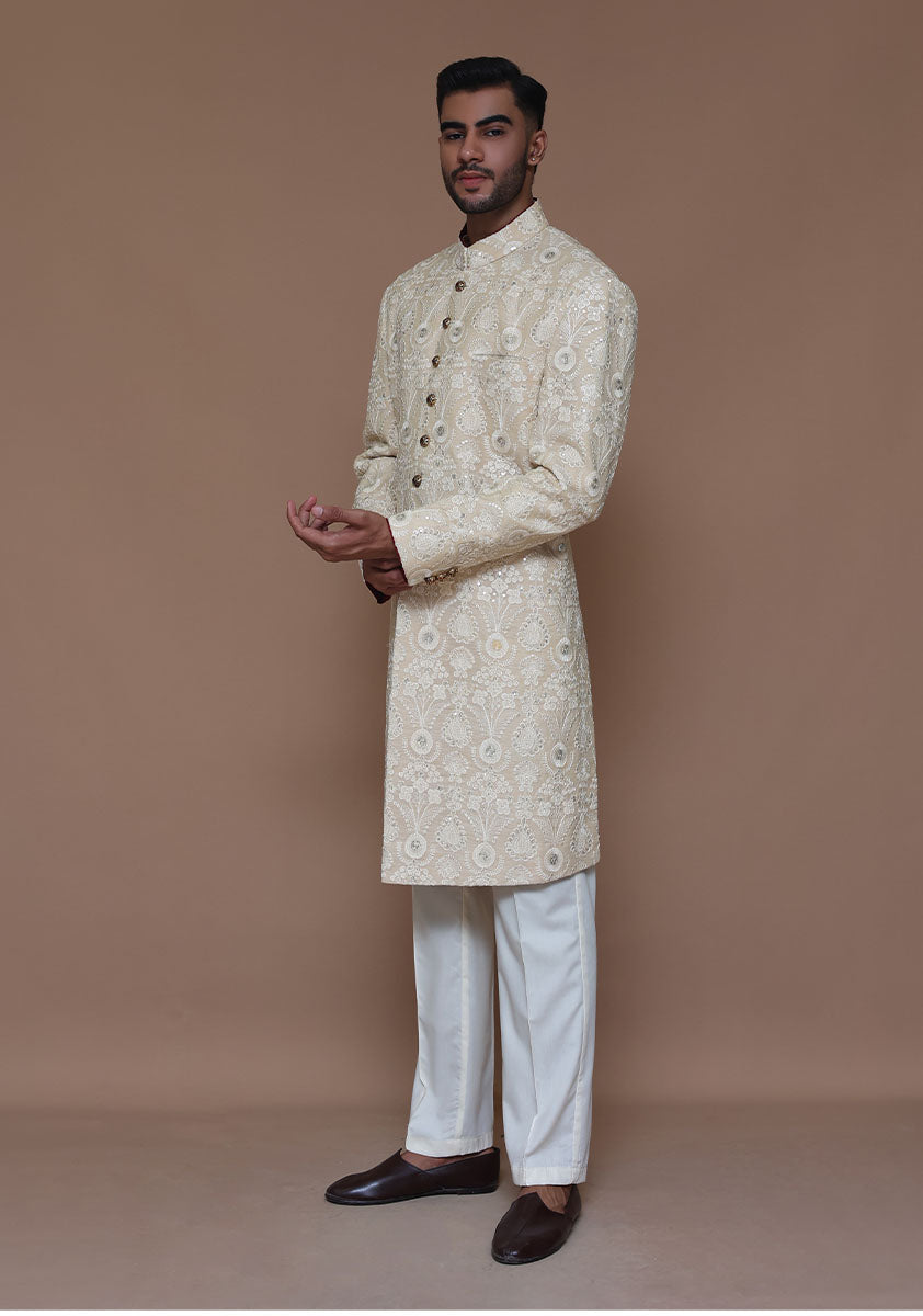 Royal Pakistani Groom Dress in Cotton Net Sherwani Style